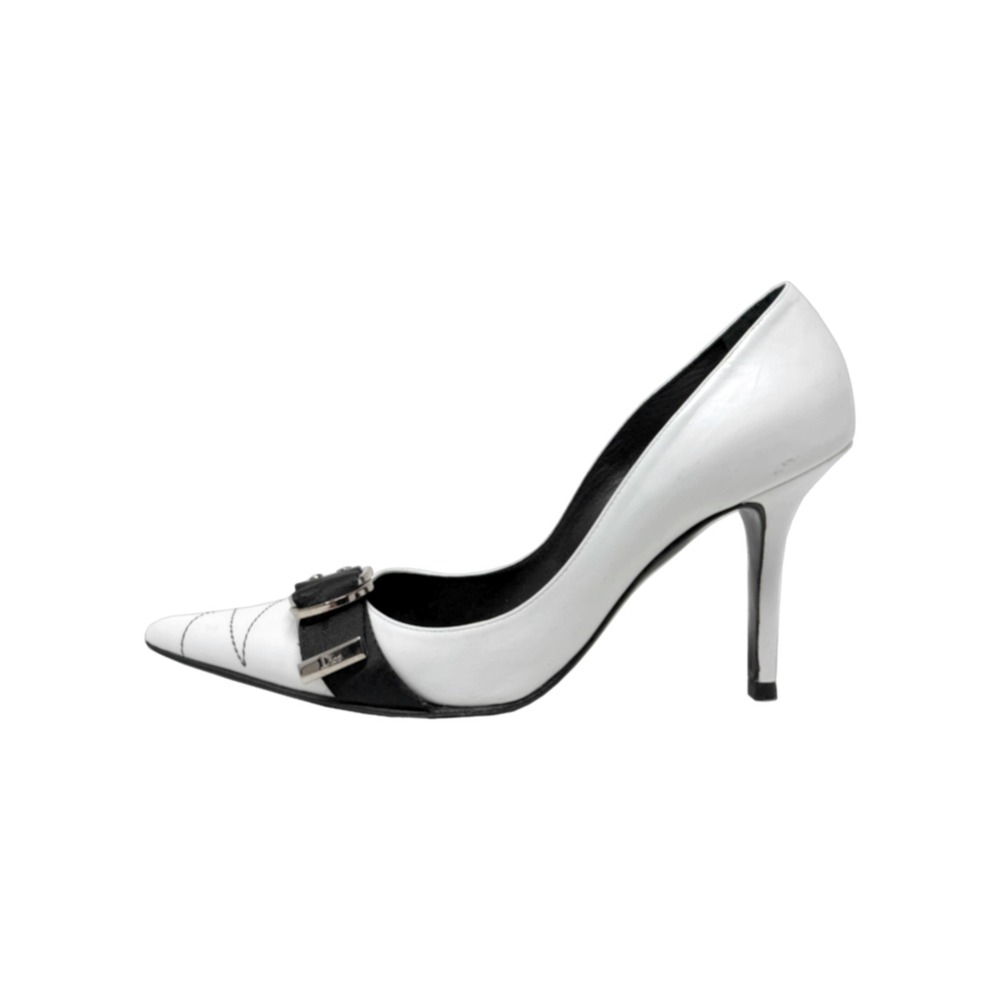 Dior White Leather Pumps Black Trim Strap Heels Stiletto 39.5